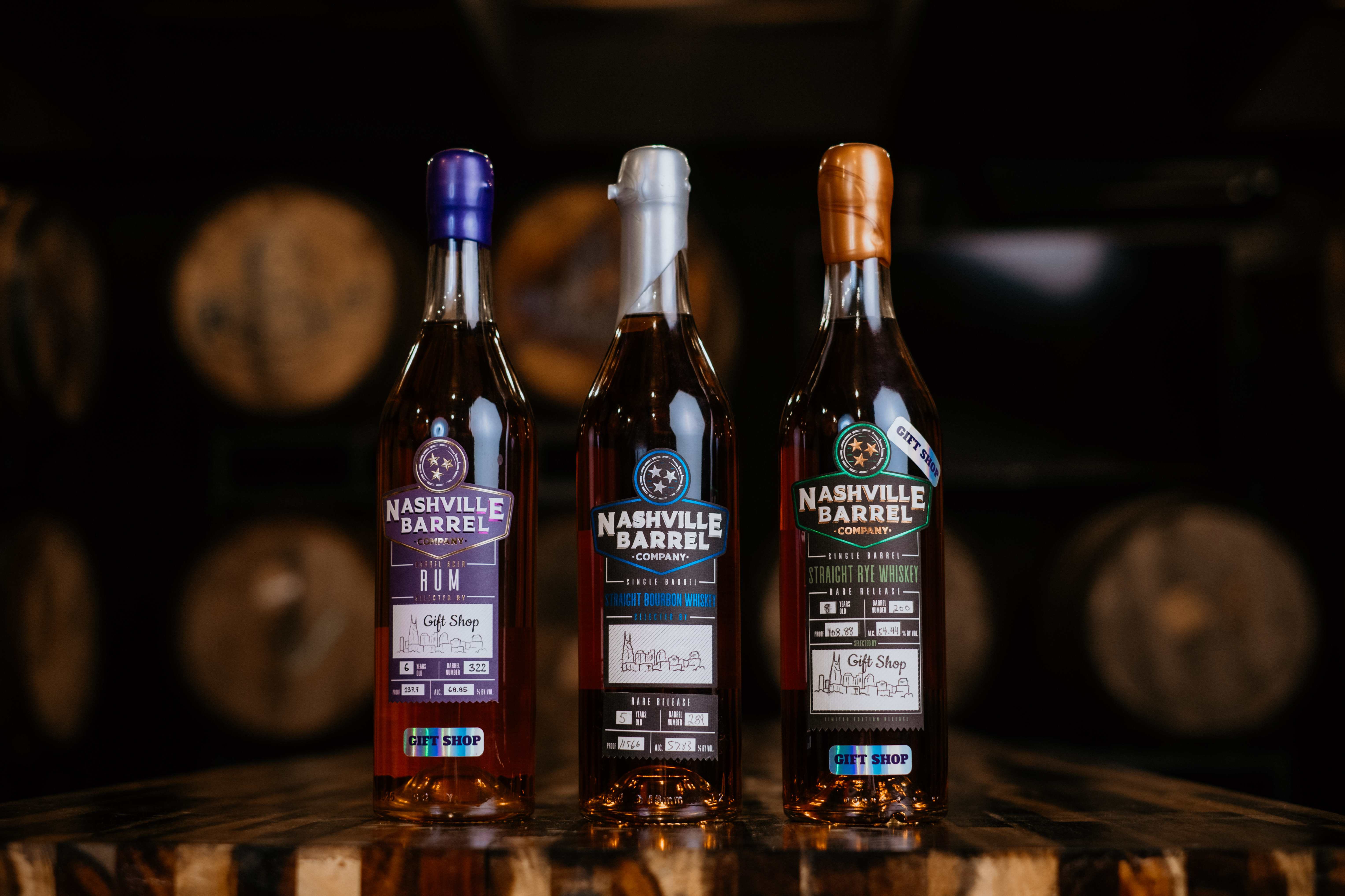 Custom-labeled single barrel bourbon bottles at Nashville Barrel Company